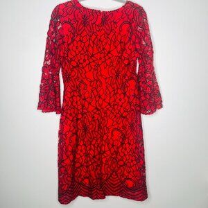 Sharagano Red & Black Lace Dress Sz 6 Floral Pattern Bell Sleeves Lined Interior